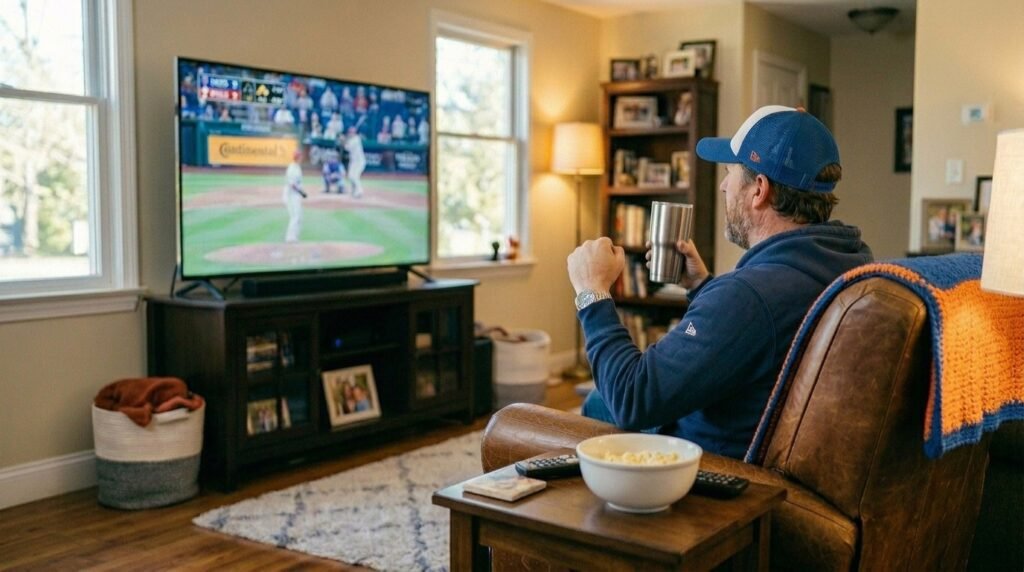 A dad wearing a sports team baseball cap enjoying Father's Day gift ideas while watching a game with an insulated tumbler in hand.