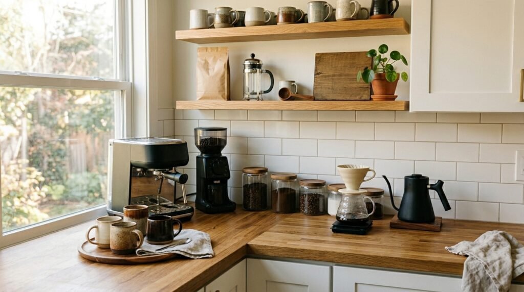 A beautifully organized home kitchen coffee storage station with airtight canisters, whole coffee beans, and a pour-over setup on a warm wooden shelf, styled as inspiration for gifts for coffee lovers who brew at home.