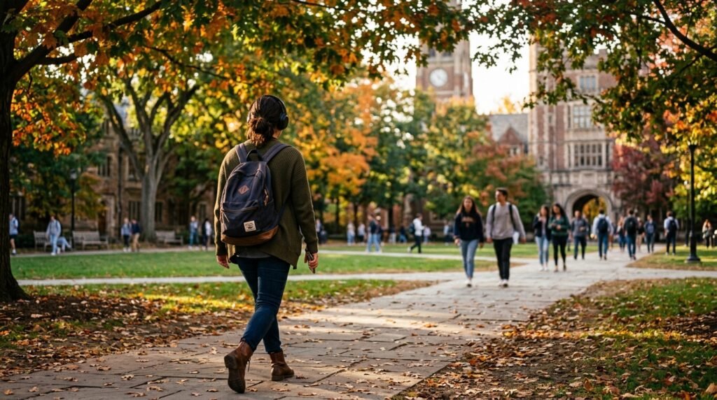 College freshman walking to class across a leafy campus with her backpack, ready for a dorm stocked with gifts for college freshmen