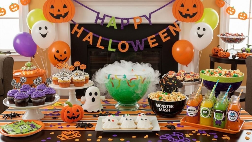 A table full of kid friendly Halloween party ideas, including cute ghost plates and decorations.