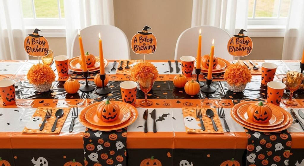 A table decorated for a cute Halloween baby shower with ghost plates and pumpkin decor.