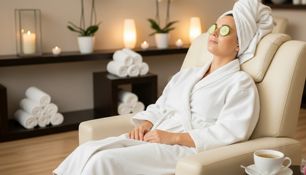 A collection of self-care gift ideas including a scented candle, a journal, and a plush robe.