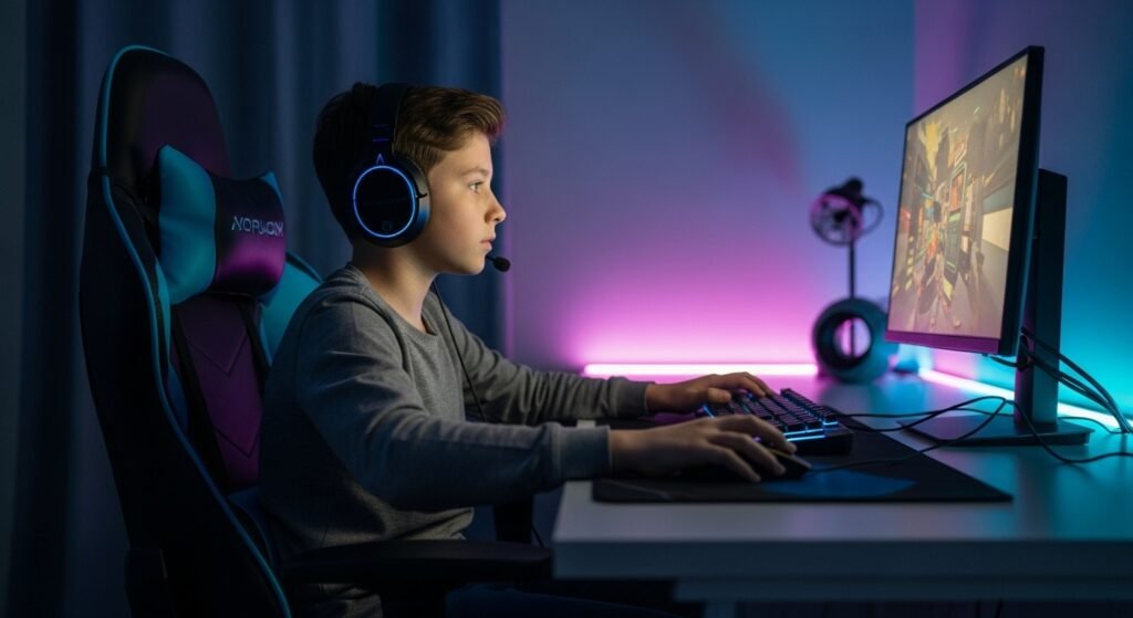 A collection of cool gifts for tween boys, including a gaming headset and a gaming chair.