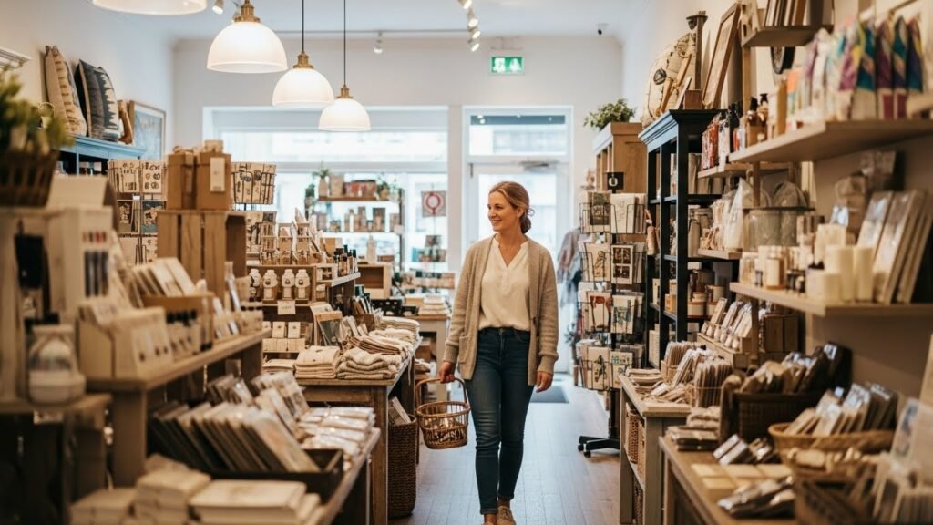 How to choose the perfect gift - shopper browsing thoughtfully curated displays in bright welcoming boutique with natural sunlight