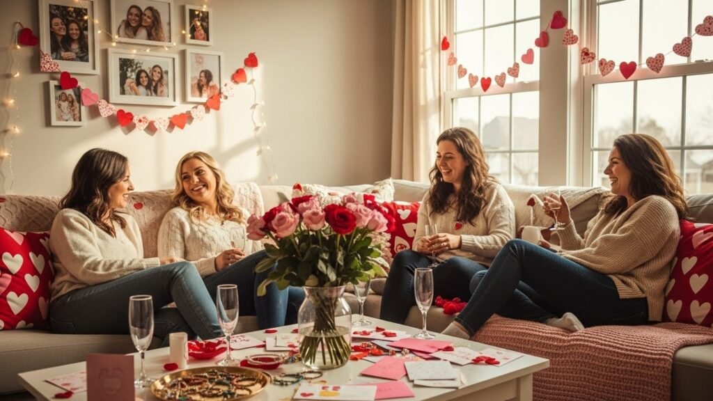 Galentine's Day gifts displayed at a celebration party with women friends gathering together