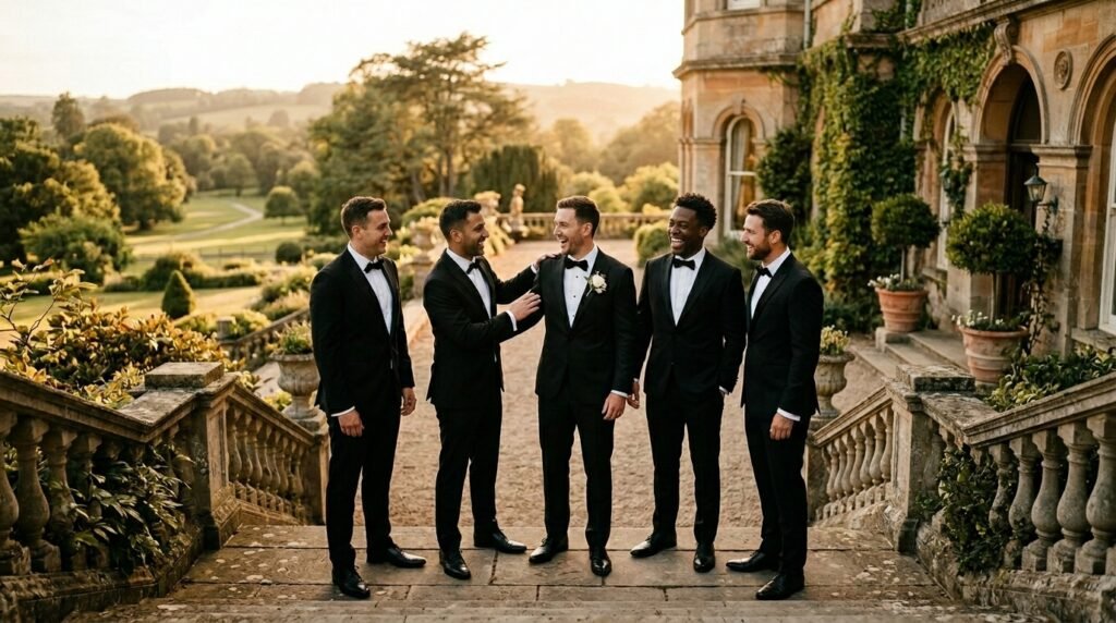 Groom and groomsmen in black tuxedos celebrating together at a wedding venue - inexpensive groomsmen gifts that say thank you.