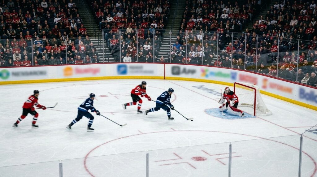 Hockey lover gift ideas for fans who watch games from center ice broadcast camera angle showing players in action on the rink