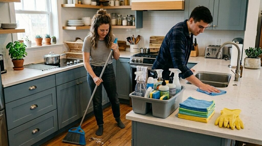 Spring cleaning gifts laid out on a white kitchen counter including a cleaning caddy packed with microfiber cloths, amber glass spray bottles, silicone gloves, and scrub brushes ready for a home reset.