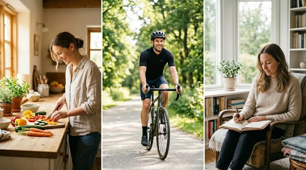 Healthy lifestyle gifts displayed through three scenes showing a woman preparing fresh vegetables in a bright kitchen, a man riding a bicycle along a scenic outdoor path, and a woman relaxing with a warm cup of herbal tea by a sunlit window, representing the three pillars of a healthy lifestyle including nutritious eating, active movement, and intentional rest and recovery.