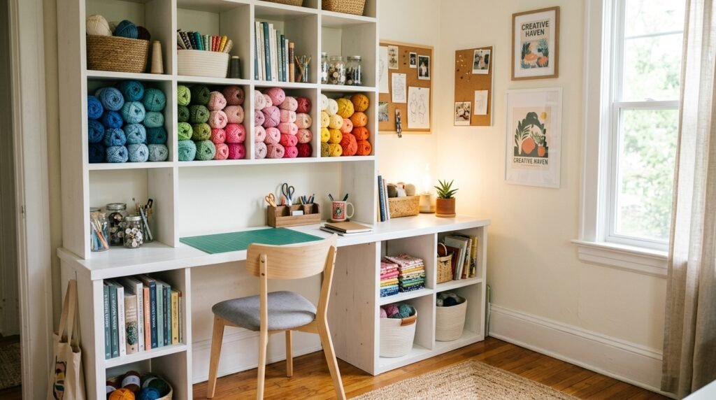 A organized knitting craft room with a white cubby storage shelf holding colorful yarn skeins and a built-in desk, perfect inspiration for gifts for knitters who love to keep their supplies tidy.